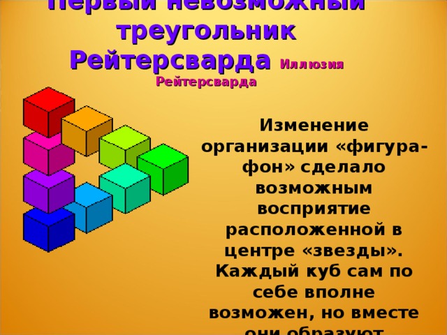 Первый невозможный треугольник Рейтерсварда  Иллюзия Рейтерсварда Изменение организации «фигура-фон» сделало возможным восприятие расположенной в центре «звезды». Каждый куб сам по себе вполне возможен, но вместе они образуют невозможную конструкцию. 