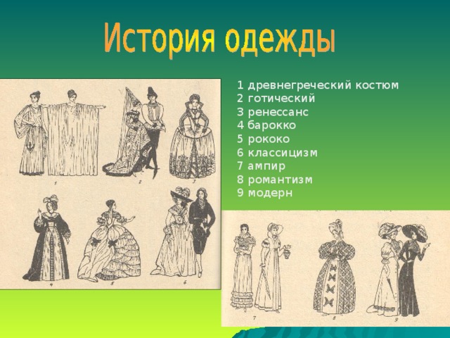 1 древнегреческий костюм 2 готический 3 ренессанс 4 барокко 5 рококо 6 классицизм 7 ампир 8 романтизм 9 модерн 