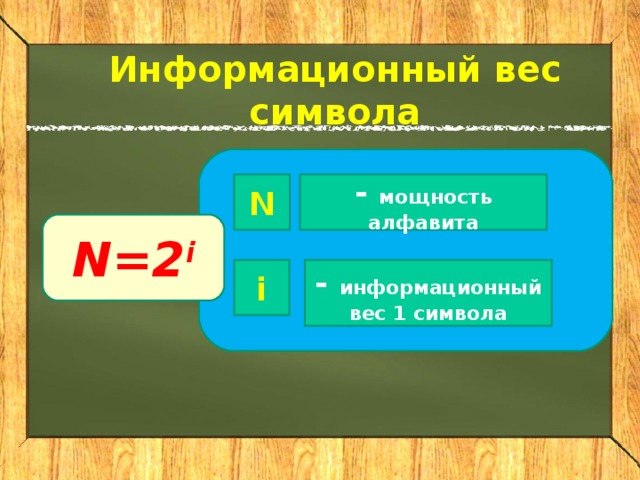Информационный вес символа N - мощность алфавита N=2 i i - информационный вес 1 символа 