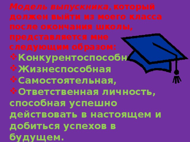 Модель выпускника ,  который должен выйти из моего класса после окончания школы, представляется мне следующим образом: Конкурентоспособная Жизнеспособная Самостоятельная, Ответственная личность, способная успешно действовать в настоящем и добиться успехов в будущем. 