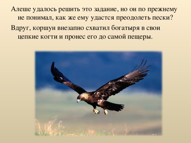 Алеше удалось решить это задание, но он по прежнему не понимал, как же ему удастся преодолеть пески? Вдруг, коршун внезапно схватил богатыря в свои цепкие когти и пронес его до самой пещеры. 