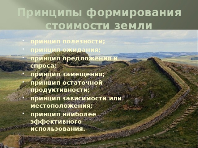 Принципы формирования стоимости земли принцип полезности; принцип ожидания; принцип предложения и спроса; принцип замещения; принцип остаточной продуктивности; принцип зависимости или местоположения; принцип наиболее эффективного использования. 
