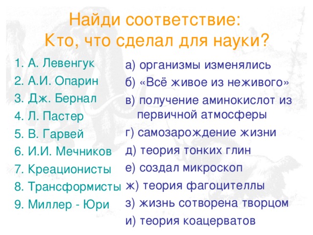 Найди соответствие:  Кто, что сделал для науки? 1. А. Левенгук 2. А.И. Опарин 3. Дж. Бернал 4. Л. Пастер 5. В. Гарвей 6. И.И. Мечников 7. Креационисты 8. Трансформисты 9. Миллер - Юри а) организмы изменялись б) «Всё живое из неживого» в) получение аминокислот из первичной атмосферы г) самозарождение жизни д) теория тонких глин е) создал микроскоп ж) теория фагоцителлы з) жизнь сотворена творцом и) теория коацерватов 