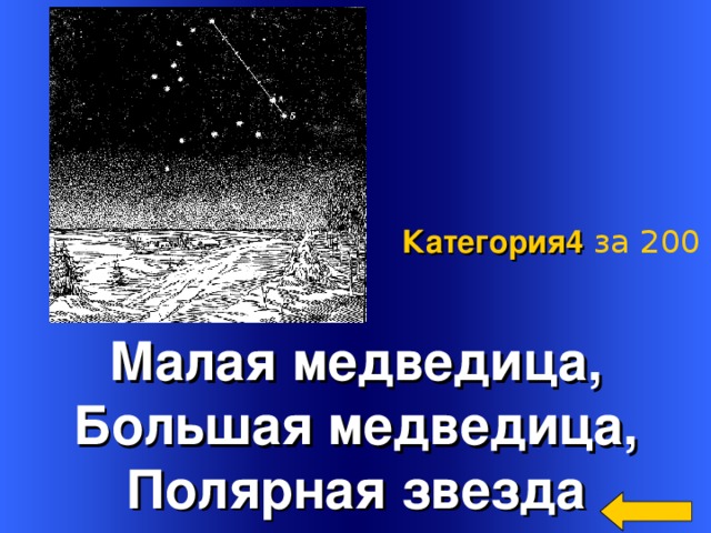 Категория4  за 200 Малая медведица, Большая медведица, Полярная звезда Welcome to Power Jeopardy   © Don Link, Indian Creek School, 2004 You can easily customize this template to create your own Jeopardy game. Simply follow the step-by-step instructions that appear on Slides 1-3. 2 