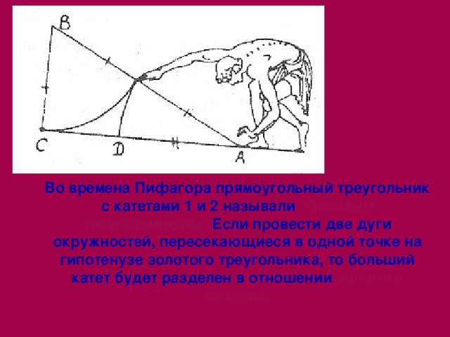 Во времена Пифагора прямоугольный треугольник с катетами 1 и 2 называли «Золотым треугольником». Если провести две дуги окружностей, пересекающиеся в одной точке на гипотенузе золотого треугольника, то больший катет будет разделен в отношении золотого сечения. 