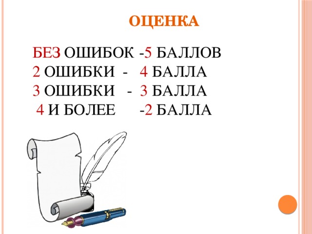  Оценка    Без ошибок - 5 баллов  2 ошибки - 4 балла  3 ошибки - 3 балла   4 и более - 2 балла 