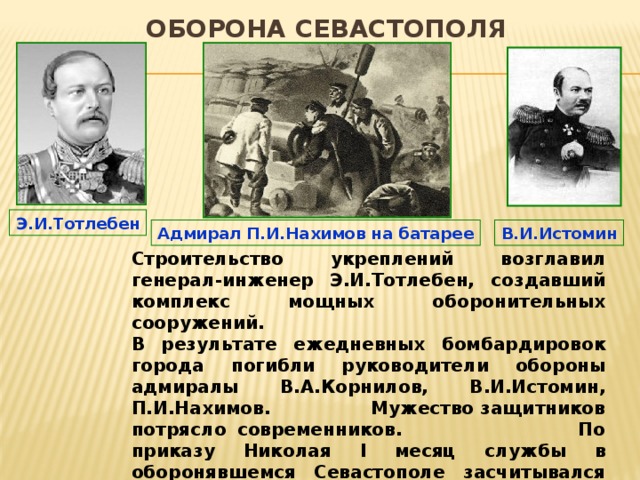 Оборона севастополя осуществлялась под руководством адмирала. Генерал э. и. Тотлебен в обороне Севастополя. Генерал Истомин оборона Севастополя. П. С. Нахимов и э. и. Тотлебен были участниками. Оборонасевамтополя возглавил Адмирал.