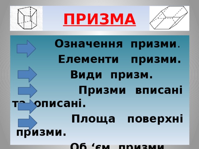 ПРИЗМА  Означення призми .  Елементи призми.  Види призм.  Призми вписані та описані.  Площа поверхні призми.  Об ‘єм призми . 