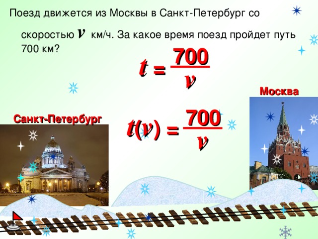 Поезд движется из Москвы в Санкт-Петербург со скоростью v км/ч. За какое время поезд пройдет путь 700 км? 700 t =  v Москва 700 t ( v ) = Санкт-Петербург  v 24 