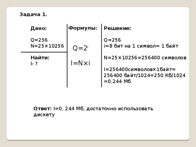 Задача 1. Формулы: Решение: Дано:   Q=256 Q=256 i=8 бит на 1 символ= 1 байт N=25×10256 N=25×10256=256400 символов Найти: I- ? I=256400символов×1байт= 256400 байт/1024=250 Кб/1024 =0,244 Мб Q=2 i I=N×i Ответ: I=0, 244 Мб, достаточно использовать дискету 