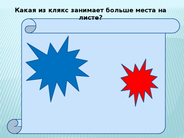 Какая из клякс занимает больше места на листе? 