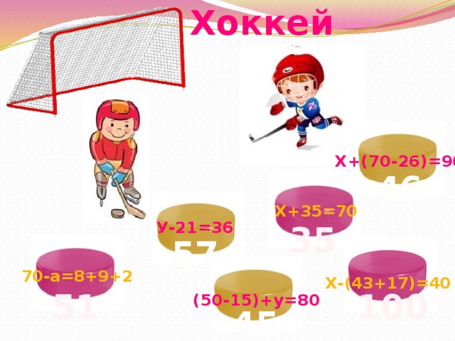 Хоккей Х+(70-26)=90 46 Х+35=70 У-21=36 35 57 70-а=8+9+2 Х-(43+17)=40 100 51 (50-15)+у=80 45 