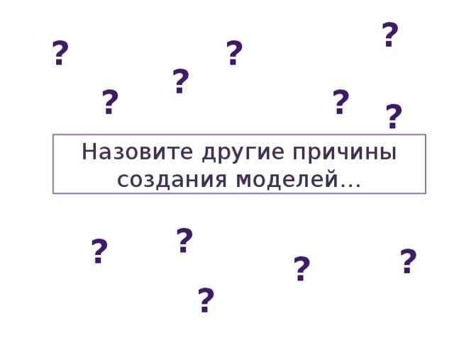 ? ? ? ? ? ? ? Назовите другие причины создания моделей… ? ? ? ? ? 