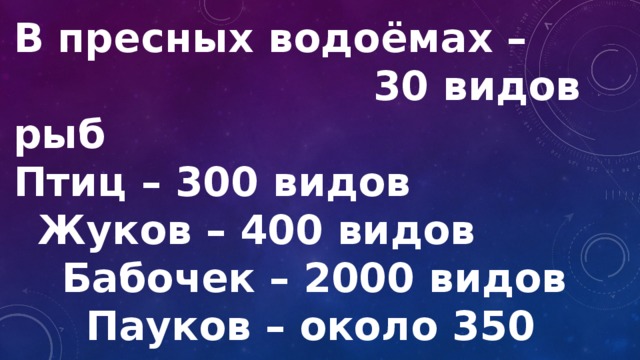 В пресных водоёмах –                 30 видов рыб Птиц – 300 видов  Жуков – 400 видов   Бабочек – 2000 видов    Пауков – около 350 видов     Ящериц – 6 видов 