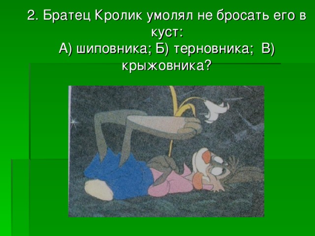 2. Братец Кролик умолял не бросать его в куст:  А) шиповника; Б) терновника; В) крыжовника? 