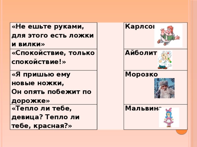 «Не ешьте руками, для этого есть ложки и вилки» «Спокойствие, только спокойствие!» Карлсон «Я пришью ему новые ножки, Айболит Он опять побежит по дорожке» «Тепло ли тебе, девица? Тепло ли тебе, красная?» Морозко Мальвина 