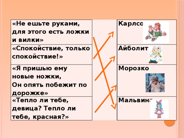 «Не ешьте руками, для этого есть ложки и вилки» «Спокойствие, только спокойствие!» «Я пришью ему новые ножки, Карлсон Айболит Он опять побежит по дорожке» «Тепло ли тебе, девица? Тепло ли тебе, красная?» Морозко Мальвина 