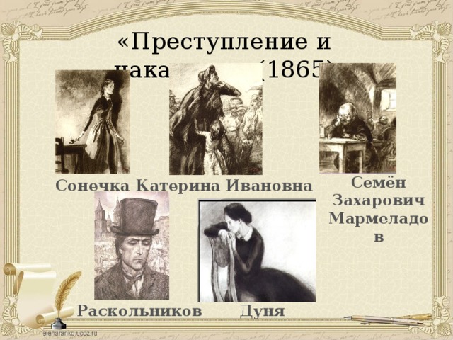 «Преступление и наказание»(1865)   Семён Захарович Мармеладов Сонечка Катерина Ивановна Раскольников Дуня 