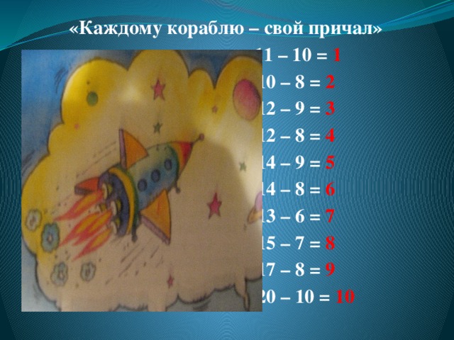 «Каждому кораблю – свой причал»  11 – 10 = 1  10 – 8 = 2  12 – 9 = 3  12 – 8 = 4  14 – 9 = 5  14 – 8 = 6  13 – 6 = 7  15 – 7 = 8  17 – 8 = 9  20 – 10 = 10 