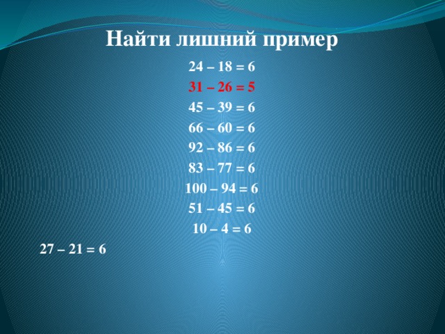  Найти лишний пример 24 – 18 = 6 31 – 26 = 5 45 – 39 = 6 66 – 60 = 6 92 – 86 = 6 83 – 77 = 6 100 – 94 = 6 51 – 45 = 6 10 – 4 = 6 27 – 21 = 6     