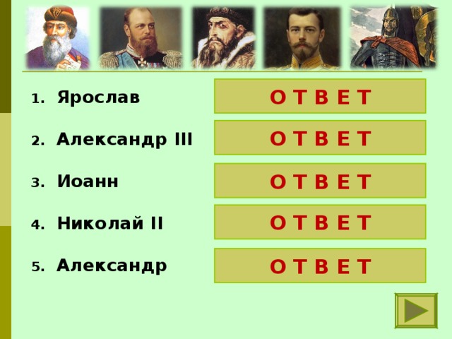 О Т В Е Т Ярослав Мудрый  Александр III Миротворец  Иоанн Грозный  Николай II Кровавый  Александр Невский О Т В Е Т О Т В Е Т О Т В Е Т О Т В Е Т 