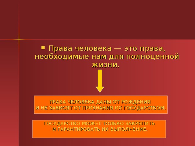 Права человека — это права, необходимые нам для полноценной жизни.     ПРАВА ЧЕЛОВЕКА ДАНЫ ОТ РОЖДЕНИЯ И НЕ ЗАВИСЯТ ОТ ПРИЗНАНИЯ ИХ ГОСУДАРСТВОМ. ГОСУДАРСТВО МОЖЕТ ТОЛЬКО ЗАКРЕПИТЬ  И ГАРАНТИРОВАТЬ ИХ ВЫПОЛНЕНИЕ .   