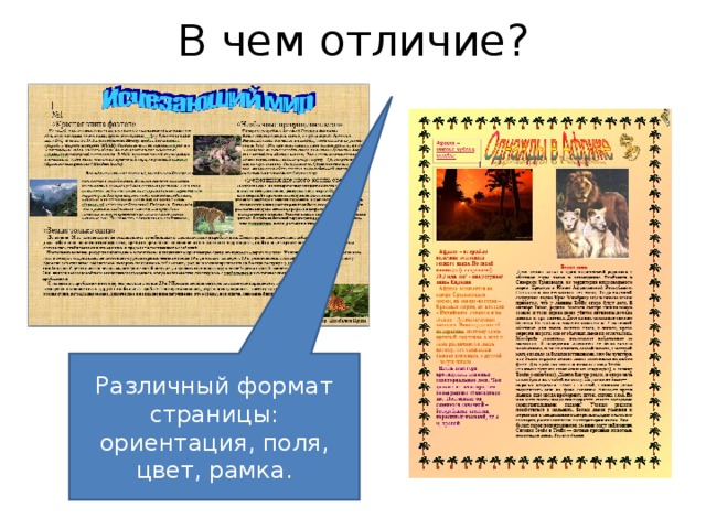 В чем отличие? Различный формат страницы: ориентация, поля, цвет, рамка. 