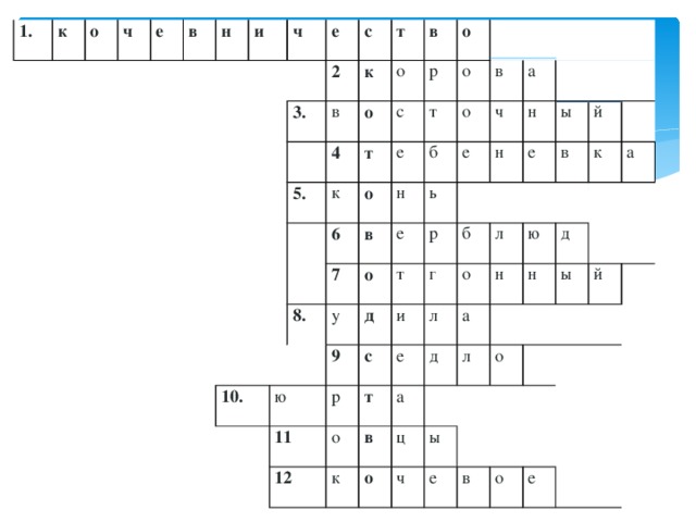 1. к о ч е в н и   ч   е   2 с   3. к т в о о 5. в 4 р т о к с 6 о 10.   о е т в 7 в 8. б о н а о ь ч е ю у е р д н н т 11 9 е г р с 12 б ы и т о л о л й е в в к ю н д а а к н о ц л а д ч ы о ы й е   в о   е         