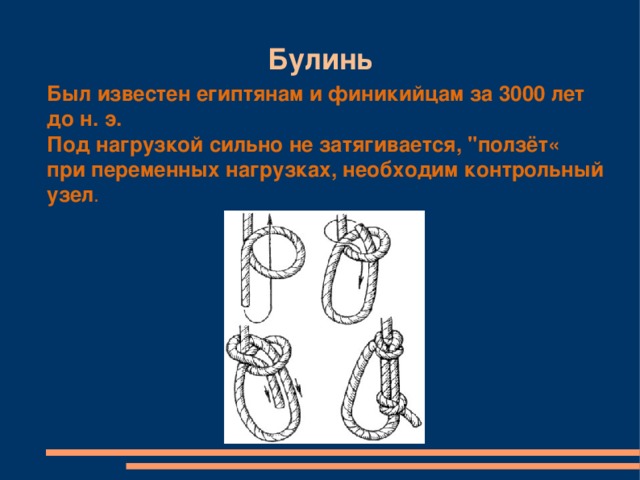 Булинь Был известен египтянам и финикийцам за 3000 лет до н. э. Под нагрузкой сильно не затягивается,