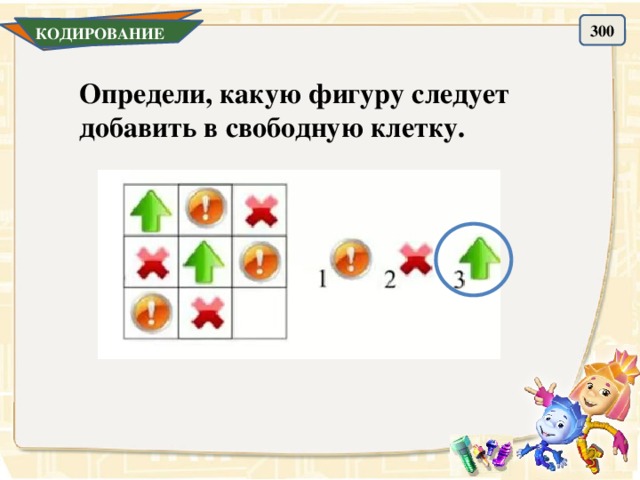 300 КОДИРОВАНИЕ Определи, какую фигуру следует добавить в свободную клетку. 