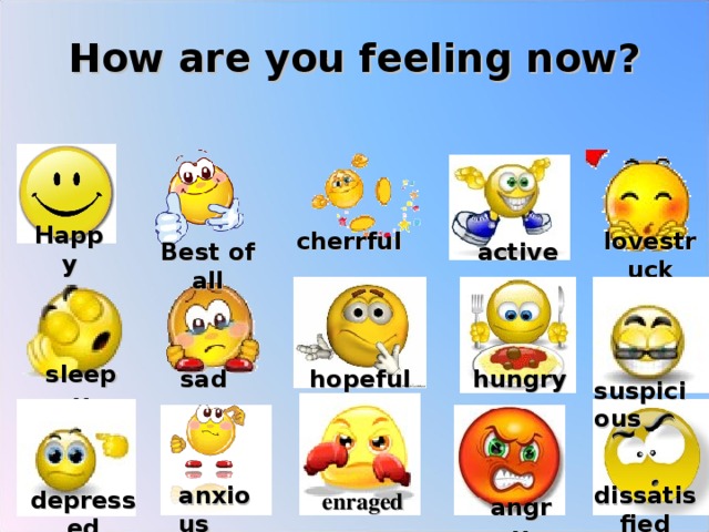 How are you feeling now?   Happy lovestruck cherrful active Best of all sleepy hopeful hungry sad  suspicious dissatisfied anxious depressed enraged angry 