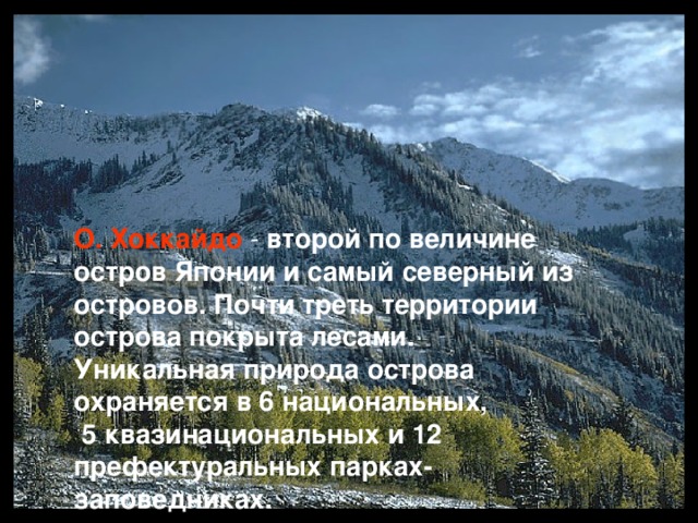 О. Хоккайдо - второй по величине остров Японии и самый северный из островов. Почти треть территории острова покрыта лесами. Уникальная природа острова охраняется в 6 национальных,  5 квазинациональных и 12 префектуральных парках-заповедниках. 