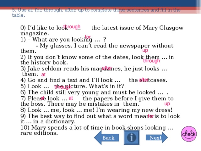 5. Use at, for, through, after, up to complete these sentences and fill in the table.  0) I’d like to look … the latest issue of Mary Glasgow magazine.  1) – What are you looking … ?  - My glasses. I can’t read the newspaper without them.  2) If you don’t know some of the dates, look them … in the history book.  3) Jake seldom reads his magazines, he just looks …  them.  4) Go and find a taxi and I’ll look … the suitcases.  5) Look …  the picture. What’s in it?  6) The child still very young and must be looked … .  7) Please look … the papers before I give them to the boss. There may be mistakes in them.  8) Look … me, look … me! I’m wearing my new dress!  9) The best way to find out what a word means is to look it … in a dictionary.  10) Mary spends a lot of time in book-shops looking … rare editions.  through   for up through after at  after through at at up for check Back Next 