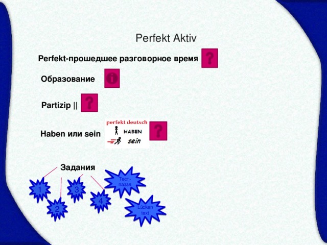Perfekt Aktiv Perfekt-прошедшее разговорное время Образование Partizip || Haben или sein Задания Тест-паззл 3 1 4 Lückentext 2 