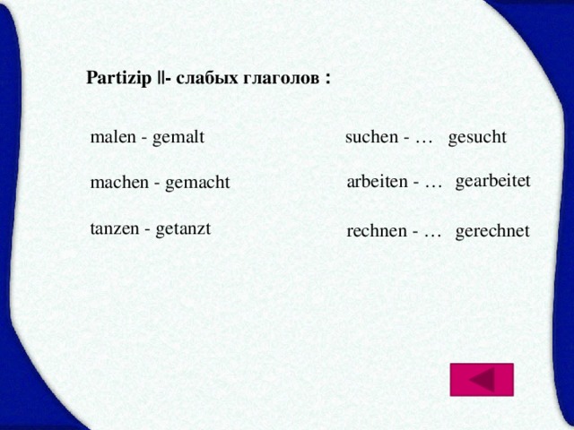 Partizip ||- слабых глаголов : malen - gemalt suchen - … gesucht machen - gemacht tanzen - getanzt gearbeitet arbeiten - … rechnen - … gerechnet 