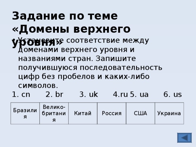 Запишите получившуюся последовательность букв. Установите соответствие между доменами верхнего уровня и странами. Установите соответствие между доменами. Установите соответствие домена верхнего уровня названию страны. Запишите получившуюся последовательность цифр..