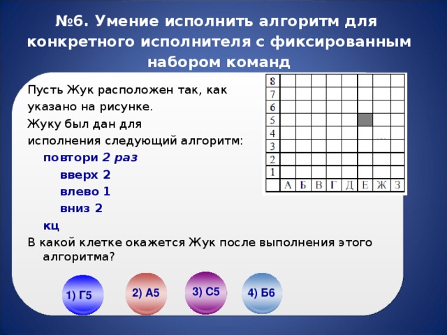 № 6. Умение исполнить алгоритм для  конкретного исполнителя с фиксированным набором команд Пусть Жук расположен так, как указано на рисунке. Жуку был дан для исполнения следующий алгоритм:   повтори 2 раз    вверх 2    влево 1    вниз 2   кц В какой клетке окажется Жук после выполнения этого алгоритма? 3) С5 4) Б6 2) А5 1) Г5 