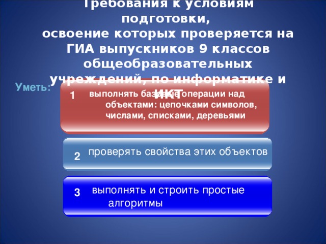 Требования к условиям подготовки,  освоение которых проверяется на ГИА выпускников 9 классов общеобразовательных учреждений, по информатике и ИКТ Уметь: выполнять базовые операции над объектами: цепочками символов, числами, списками, деревьями 1 проверять свойства этих объектов 2 выполнять и строить простые алгоритмы 3 