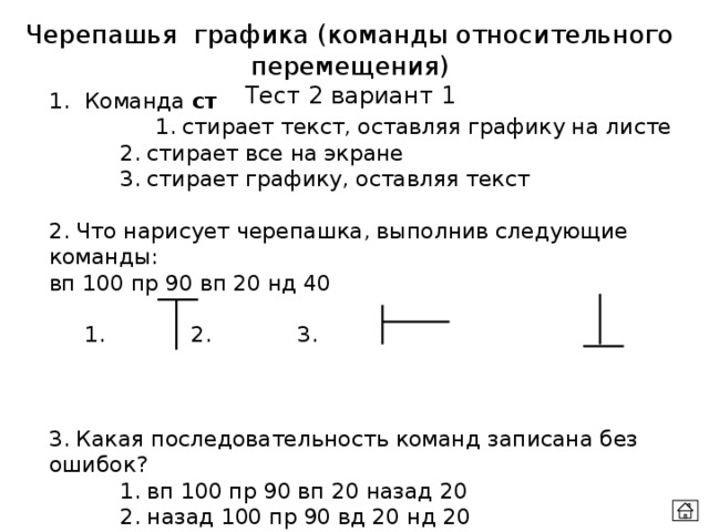 Черепашья графика (команды относительного перемещения) Тест 2 вариант 1 Команда ст     1. стирает текст, оставляя графику на листе   2. стирает все на экране     3. стирает графику, оставляя текст   2. Что нарисует черепашка, выполнив следующие команды:  вп 100 пр 90 вп 20 нд 40    1.    2.    3.      3. Какая последовательность команд записана без ошибок?   1. вп 100 пр 90 вп 20 назад 20   2. назад 100 пр 90 вд 20 нд 20   3. нз 100 лево 90 вп 20 назад 40  