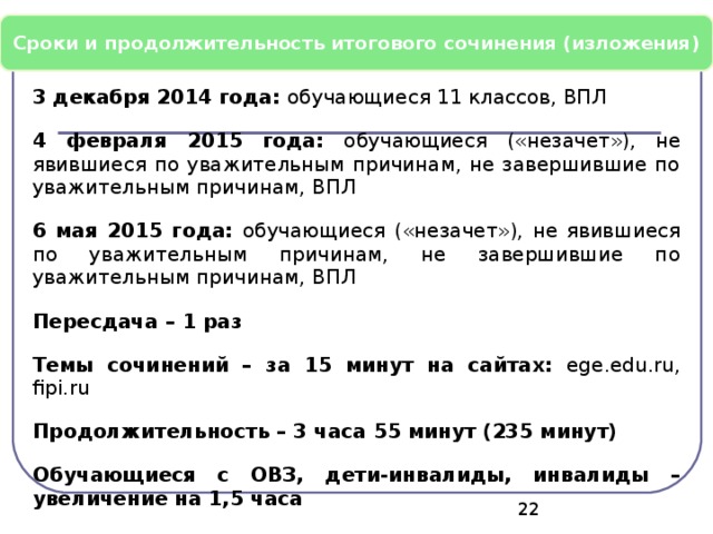 Сроки и продолжительность итогового сочинения (изложения) 3 декабря 2014 года: обучающиеся 11 классов, ВПЛ 4 февраля 2015 года: обучающиеся («незачет»), не явившиеся по уважительным причинам, не завершившие по уважительным причинам, ВПЛ 6 мая 2015 года: обучающиеся («незачет»), не явившиеся по уважительным причинам, не завершившие по уважительным причинам, ВПЛ Пересдача – 1 раз Темы сочинений – за 15 минут на сайтах: ege.edu.ru, fipi.ru Продолжительность – 3 часа 55 минут (235 минут) Обучающиеся с ОВЗ, дети-инвалиды, инвалиды – увеличение на 1,5 часа    