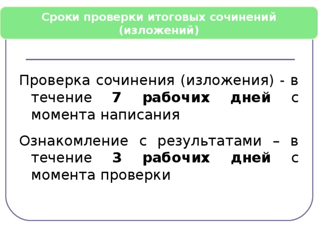 Сроки проверки итоговых сочинений (изложений) Проверка сочинения (изложения) - в течение 7 рабочих дней с момента написания Ознакомление с результатами – в течение 3 рабочих дней с момента проверки   