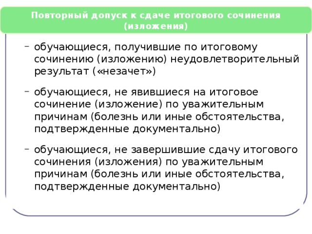 Повторный допуск к сдаче итогового сочинения (изложения) обучающиеся, получившие по итоговому сочинению (изложению) неудовлетворительный результат («незачет») обучающиеся, не явившиеся на итоговое сочинение (изложение) по уважительным причинам (болезнь или иные обстоятельства, подтвержденные документально) обучающиеся, не завершившие сдачу итогового сочинения (изложения) по уважительным причинам (болезнь или иные обстоятельства, подтвержденные документально) обучающиеся, получившие по итоговому сочинению (изложению) неудовлетворительный результат («незачет») обучающиеся, не явившиеся на итоговое сочинение (изложение) по уважительным причинам (болезнь или иные обстоятельства, подтвержденные документально) обучающиеся, не завершившие сдачу итогового сочинения (изложения) по уважительным причинам (болезнь или иные обстоятельства, подтвержденные документально)   