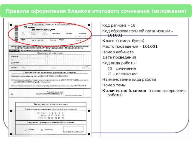 Правила оформления бланков итогового сочинения (изложения) Код региона – 16 Код образовательной организации – 161001 К ласс (номер, буква) Место проведения – 161001 Номер кабинета Дата проведения Код вида работы:   20 - сочинение   21 – изложение Наименование вида работы Номер темы Количество бланков (после завершения работы)   