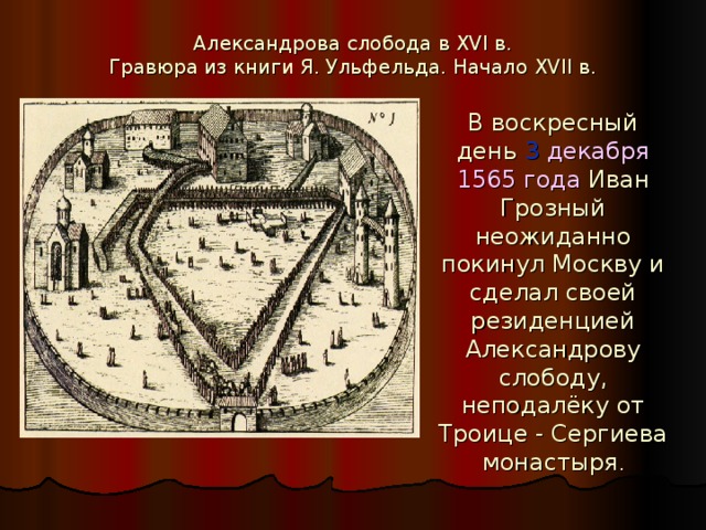 Александрова слобода в XVI в.  Гравюра из книги Я. Ульфельда. Начало XVII в.   В воскресный день 3 декабря 1565 года Иван Грозный неожиданно покинул Москву и сделал своей резиденцией Александрову слободу, неподалёку от Троице - Сергиева монастыря . 