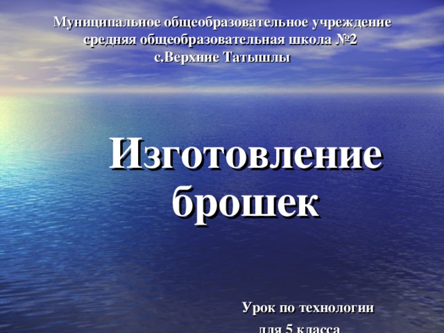 Муниципальное общеобразовательное учреждение средняя общеобразовательная школа №2  с.Верхние Татышлы Изготовление брошек    Урок по технологии   для 5 класса  Учитель Гарипова Э.Ф.  