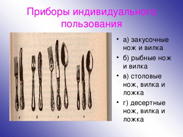Приборы индивидуального пользования а) закусочные нож и вилка б) рыбные нож и вилка в) столовые нож, вилка и ложка г) десертные нож, вилка и ложка 