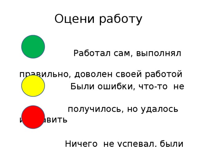 Оцени работу  Работал сам, выполнял правильно, доволен своей работой  Были ошибки, что-то не  получилось, но удалось исправить  Ничего не успевал, были ошибки 