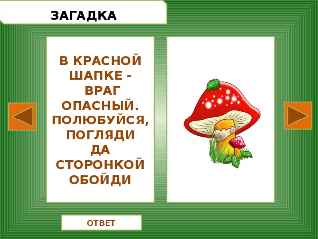  ЗАГАДКА В КРАСНОЙ ШАПКЕ -  ВРАГ ОПАСНЫЙ. ПОЛЮБУЙСЯ, ПОГЛЯДИ ДА СТОРОНКОЙ ОБОЙДИ ОТВЕТ 