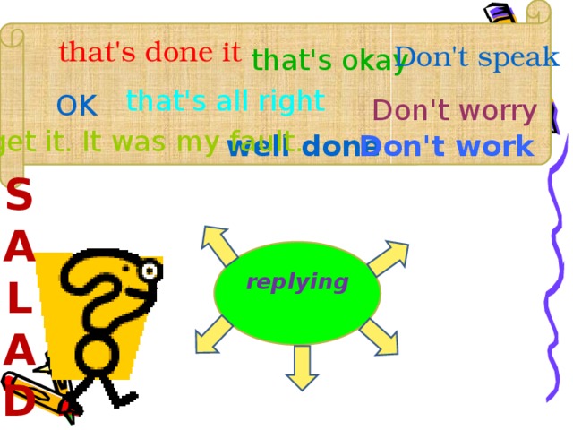 that's done it Don't speak that's okay that's all right OK Don't worry Forget it. It was my fault. well done Don't work S A L A d replying 