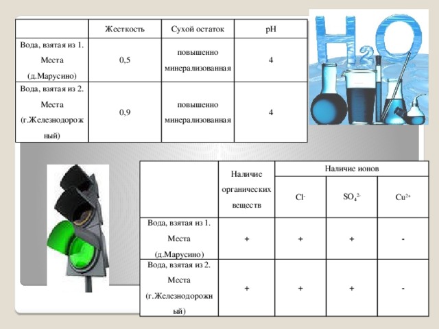 Жесткость Вода, взятая из 1. Места (д.Марусино) Сухой остаток 0,5 Вода, взятая из 2. Места (г.Железнодорожный) pH повышенно минерализованная 0,9 4 повышенно минерализованная 4 Наличие органических веществ Вода, взятая из 1. Места (д.Марусино) Наличие ионов Вода, взятая из 2. Места (г.Железнодорожный) Cl - + + SO 4 2- + + + Cu 2+ - + - 